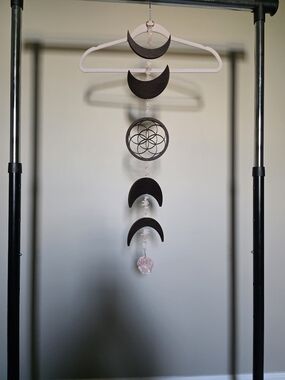 Handcrafted Moon Phase Wall Hanging with Rose Quartz & Copper Accents